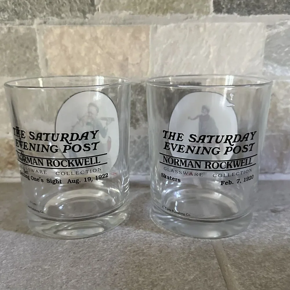 Norman Rockwell Saturday Evening Post Glass Tumbler Glassware Collection Set 2